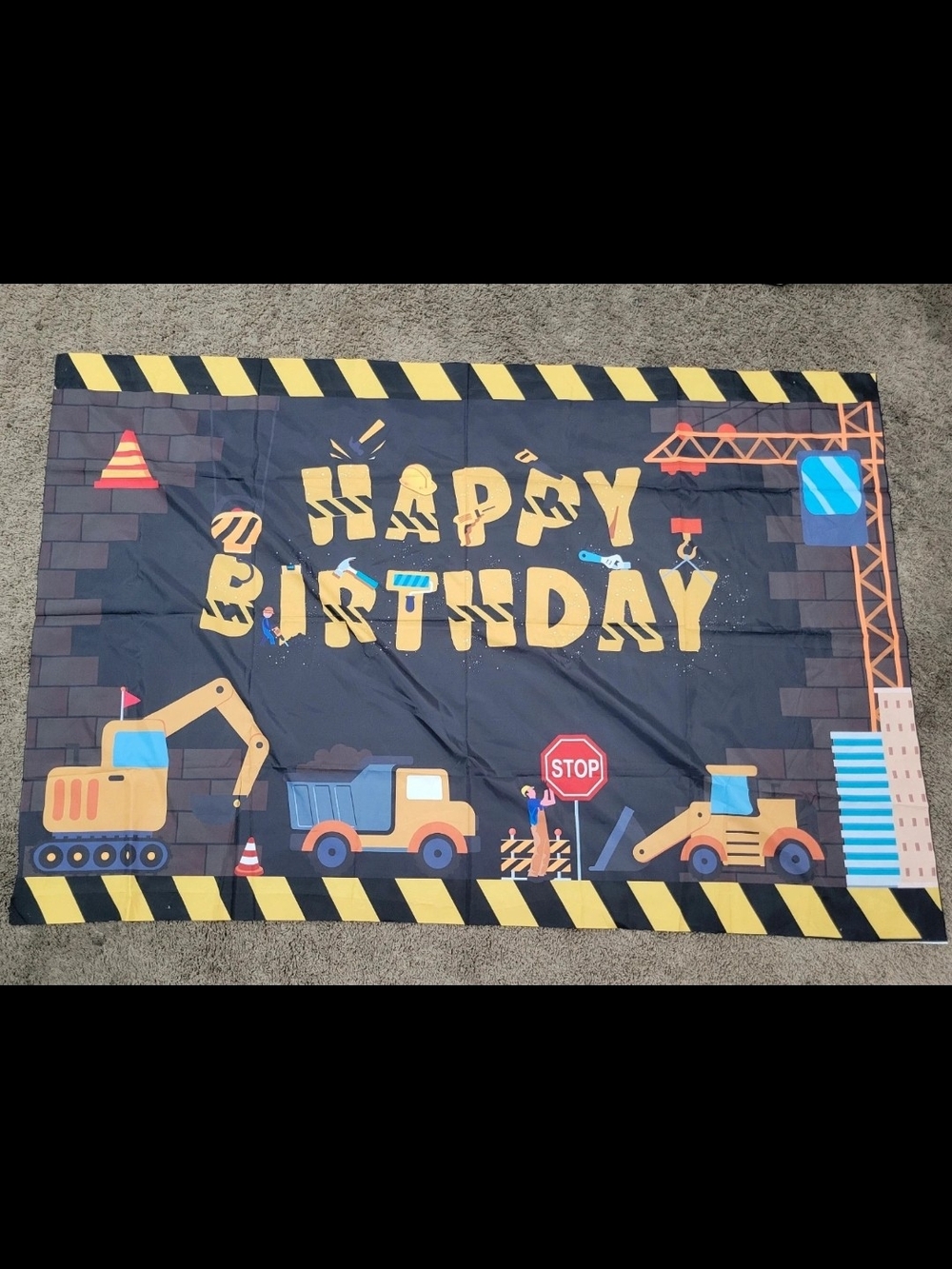 Construction Theme "Happy Birthday" Backdrop - Yellow